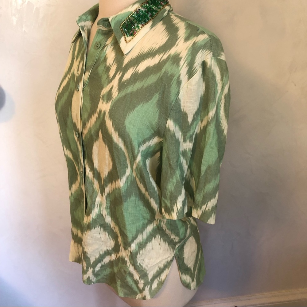 Zara Green & cream ikat pattern short sleeve w/beaded lapel collar Size Medium - Picture 6 of 14